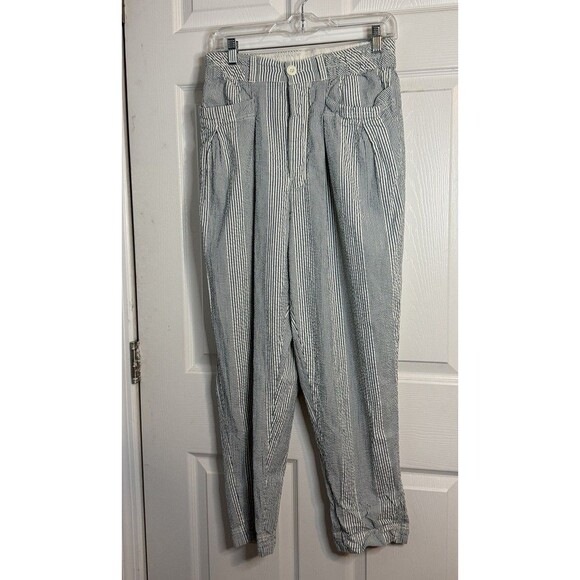 Free People Make A Stand Blue White Stripe Seersucker Cotton  Pants Trouser M - Picture 2 of 7